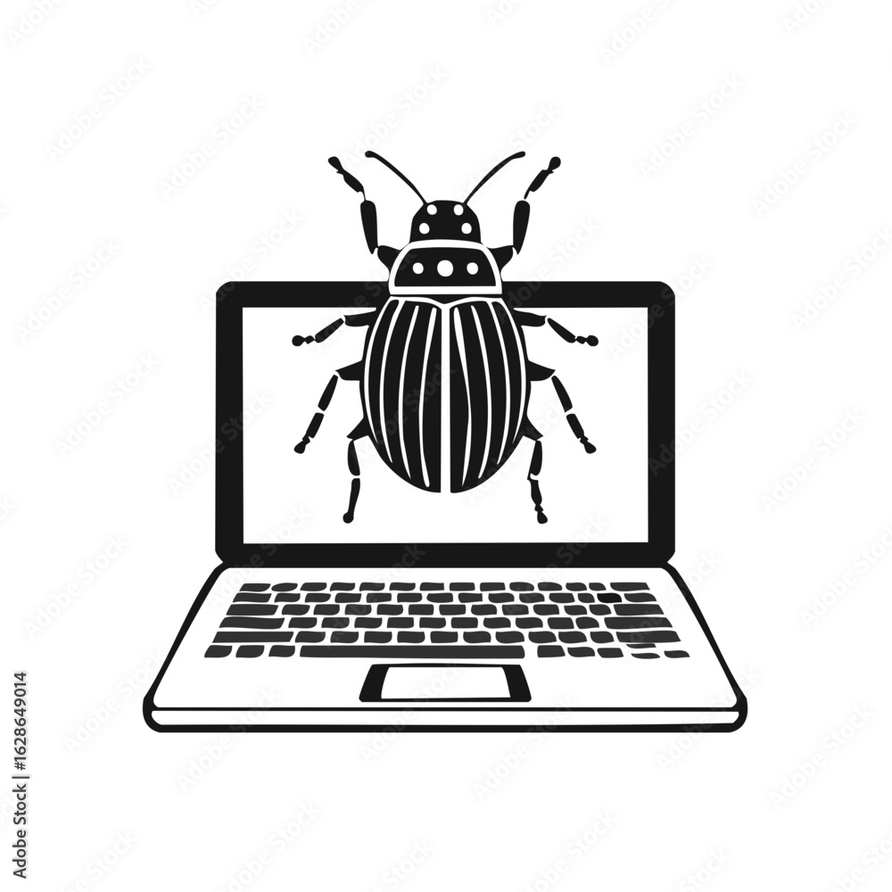 Poster computer bug on laptop screen for software error or debugging concept