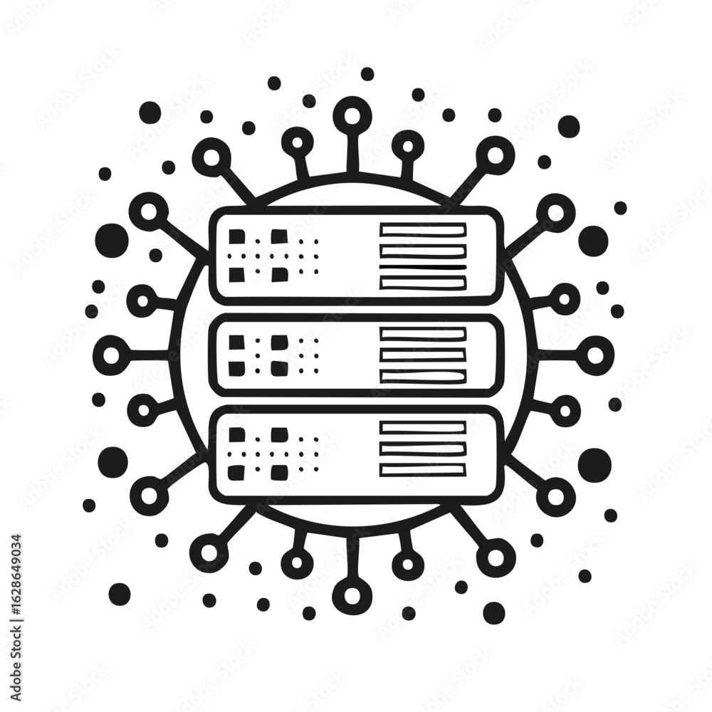 Poster conceptual illustration of a server or data center in minimalist style with connections.