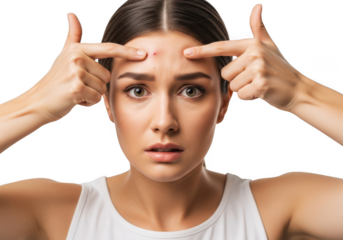 Worried young woman pointing at a pimple on her forehead, isolated on transparent background