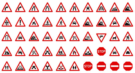 Comprehensive collection of red and black road traffic signs, including warning triangles, stop signs, and various pictograms.