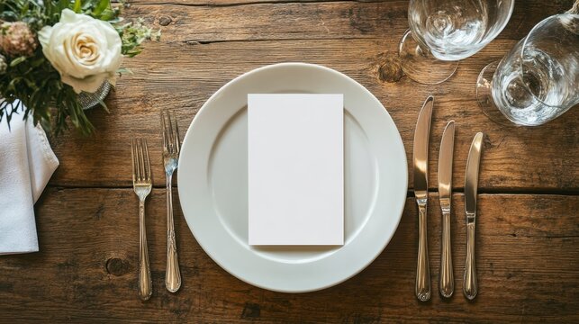 Overhead view of elegant rustic table setting with blank menu card on white plate, silverware, glasses, and flowers. - Powered by Adobe
