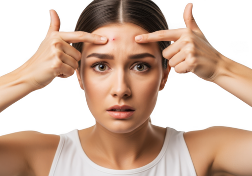 Worried young woman pointing at a pimple on her forehead, isolated on transparent background