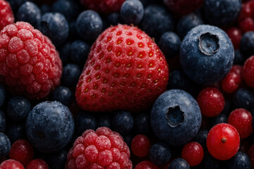 Close-up of mixed berries and blueberries.