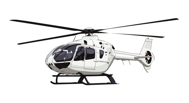 Sleek white helicopter with black rotors and landing skids, detailed vector illustration.