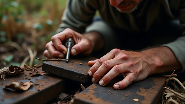Bushcraft fire starting survival skills using hand drill method for outdoor enthusiasts and nature lovers - Powered by Adobe