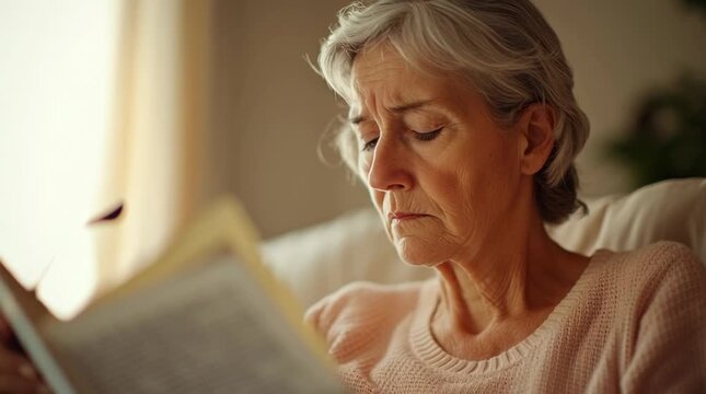Elderly Woman Struggling To Read Document Due To Age-Related Eyesight Issues And Eye Fatigue