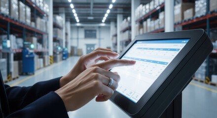 Warehouse manager using a touchscreen computer to check inventory, manage logistics, and oversee the supply chain in a modern, organized warehouse environment