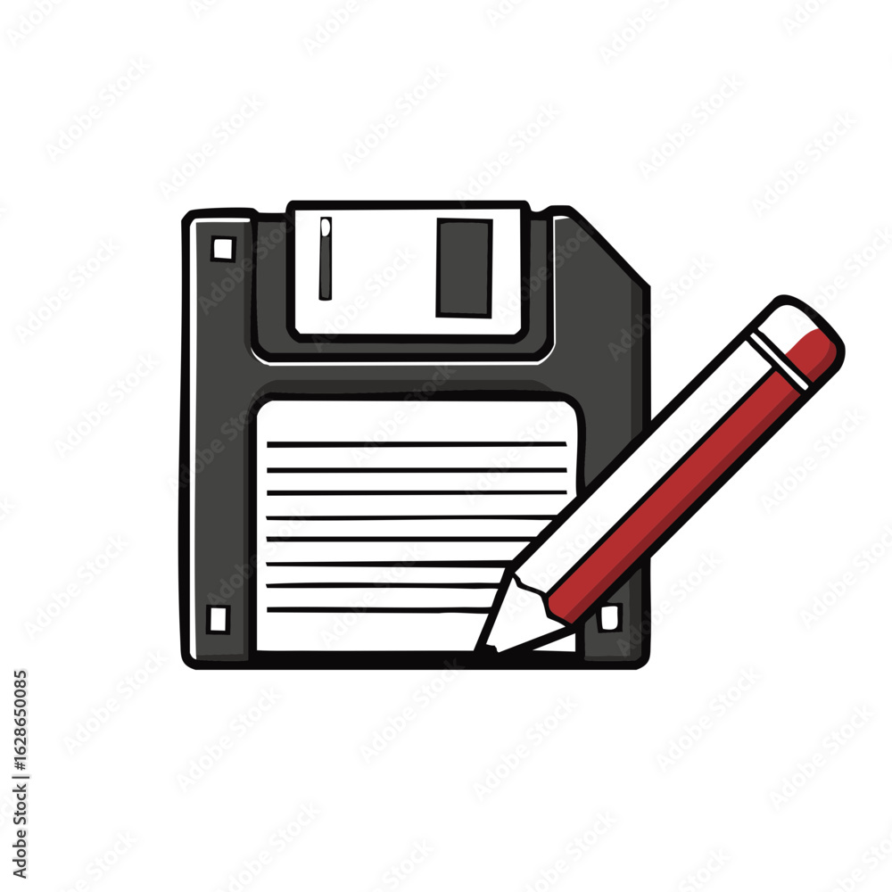 Poster retro floppy disk and pencil icon illustrating data editing storage and creation