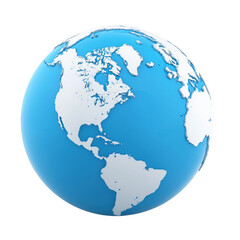 Blue globe with white continents showing North and South America isolated on a transparent background