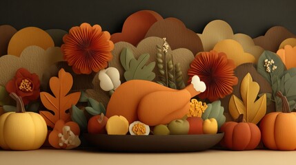 Whimsical Papercut-Style Vector Illustration of a Thanksgiving Meal Scene Celebrating Tradition and Togetherness in Festive Decor