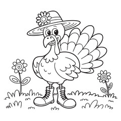 Farm Turkey with Sun Hat in Floral Field – Country Style Thanksgiving Cartoon Line Drawing for Kids