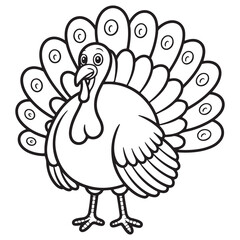 Elegant Turkey with Fanned Feathers - Classic Thanksgiving Cartoon Line Art for Seasonal Coloring Books