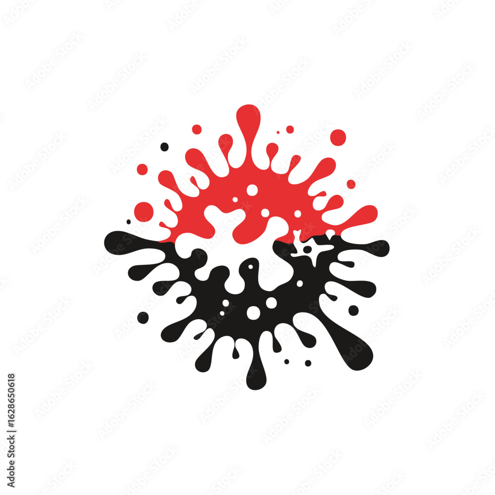 Poster interlocking red and black ink splatters creating a modern yin yang symbol