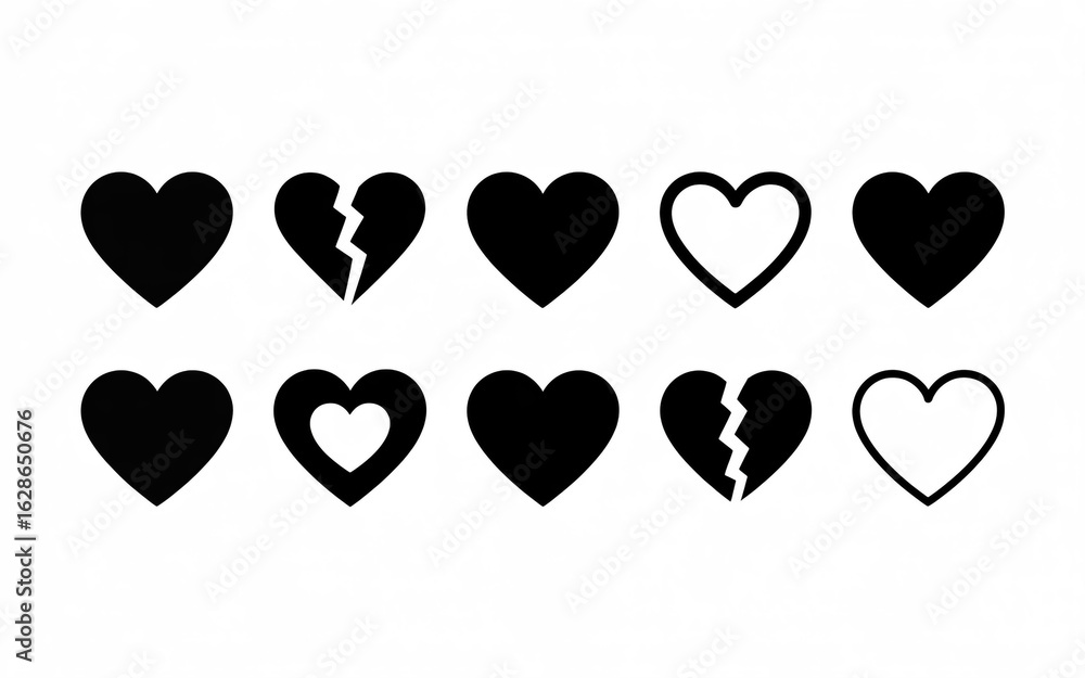 Poster a set of ten minimalist heart icons arranged in two rows of five.