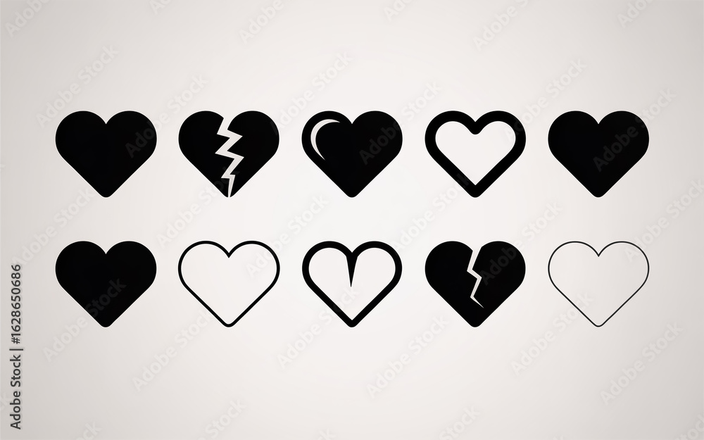 Poster a set of ten minimalist heart icons arranged in two rows of five.