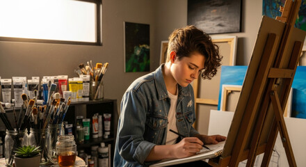 A focused young artist with curly hair is sketching in a sunlit art studio. Surrounded by paint tubes and brushes, they are fully immersed in their creative process.