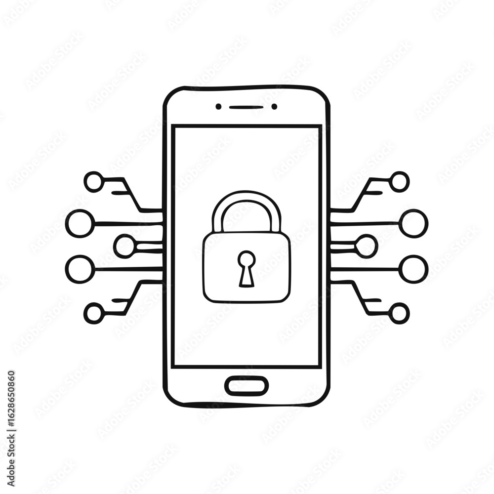 Poster smartphone with security padlock and network connections representing digital data protection