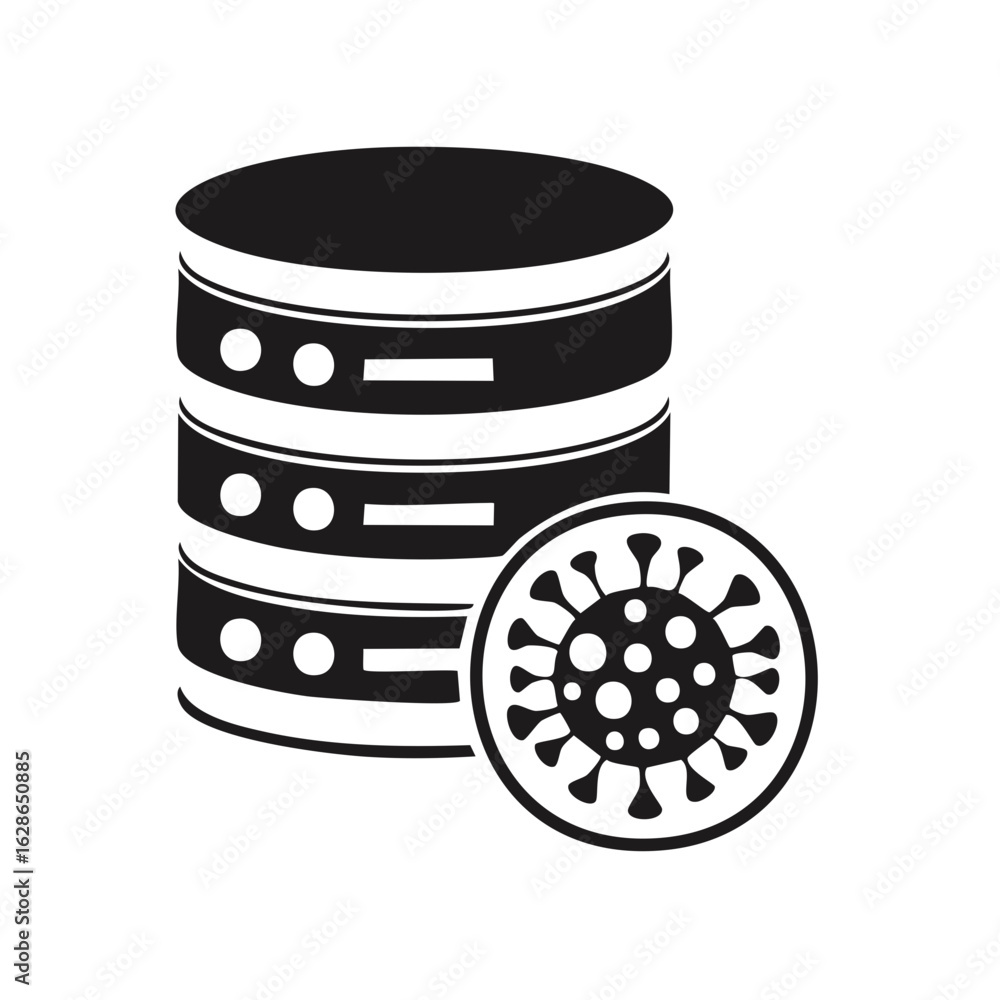 Poster conceptual icon of a virus infecting a database server representing a cybersecurity threat or pandem