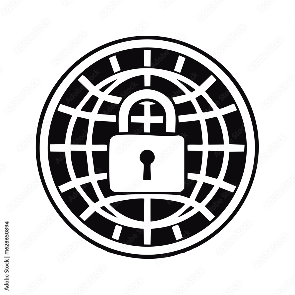 Poster secured network global protection and privacy concept with lock and globe grid icon