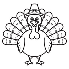 Simple Happy Thanksgiving Turkey Cartoon Standing Proudly - Easy Line Art for Kids Coloring Projects
