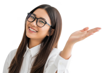 Smiling asian woman wearing glasses and white shirt, gesturing with hand, isolated on transparent background