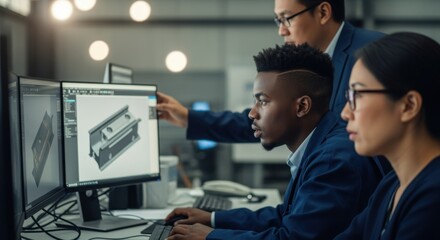 Industrial engineers using CAD software to refine structural components on computer monitors.