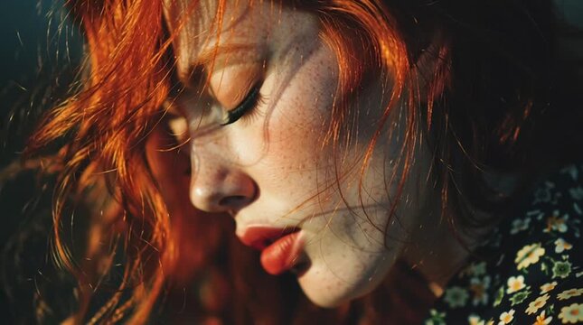 Close up of a woman with red hair and closed eyes in soft lighting with a floral pattern shirt on