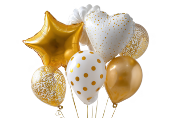 Bunch of gold and white balloons with polka dots and confetti isolated on a transparent background party