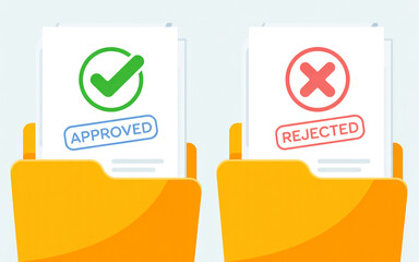 A flat design illustration of two approved ans rejected documents in orange folders against a white background.