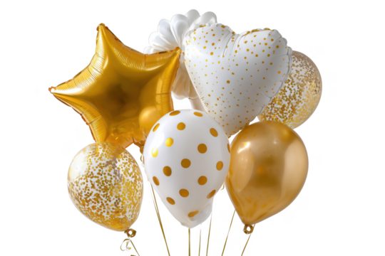 Bunch of gold and white balloons with polka dots and confetti isolated on a transparent background party
