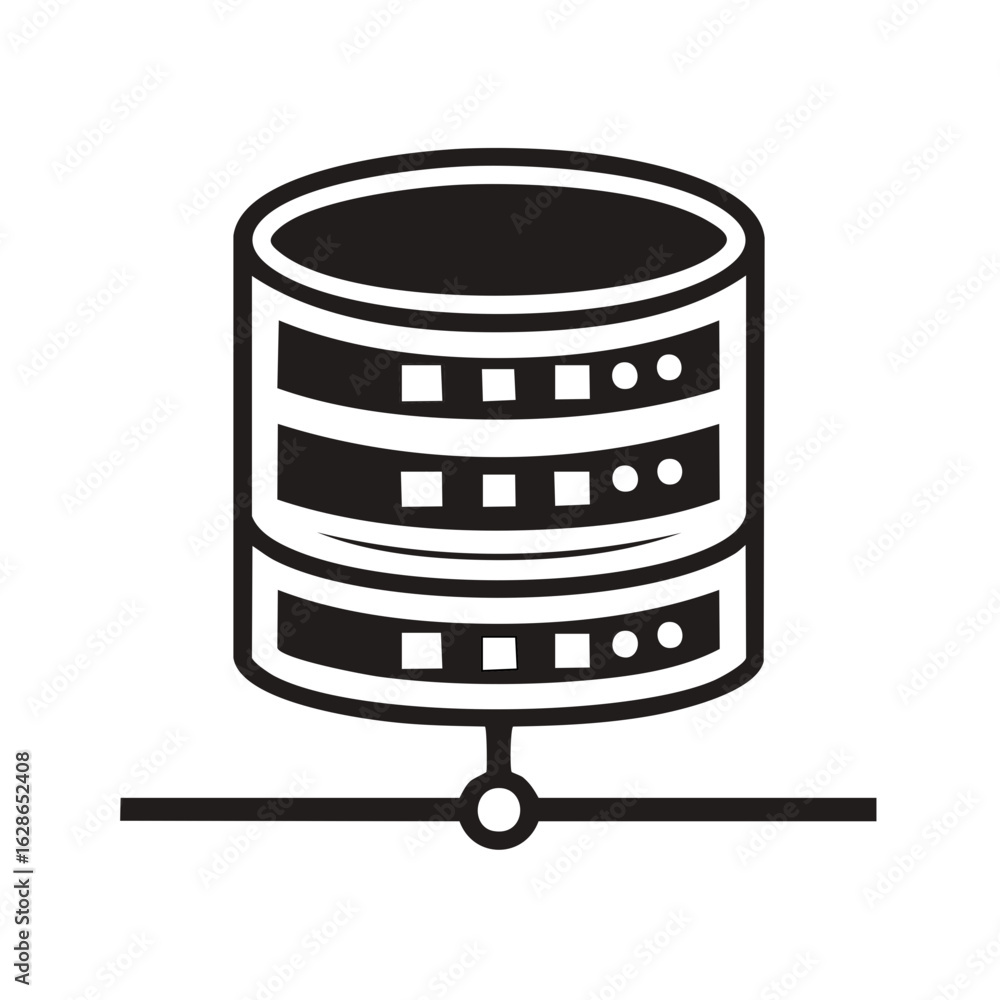 Poster database server icon with connected network, storage system with simple black lines, server hosting