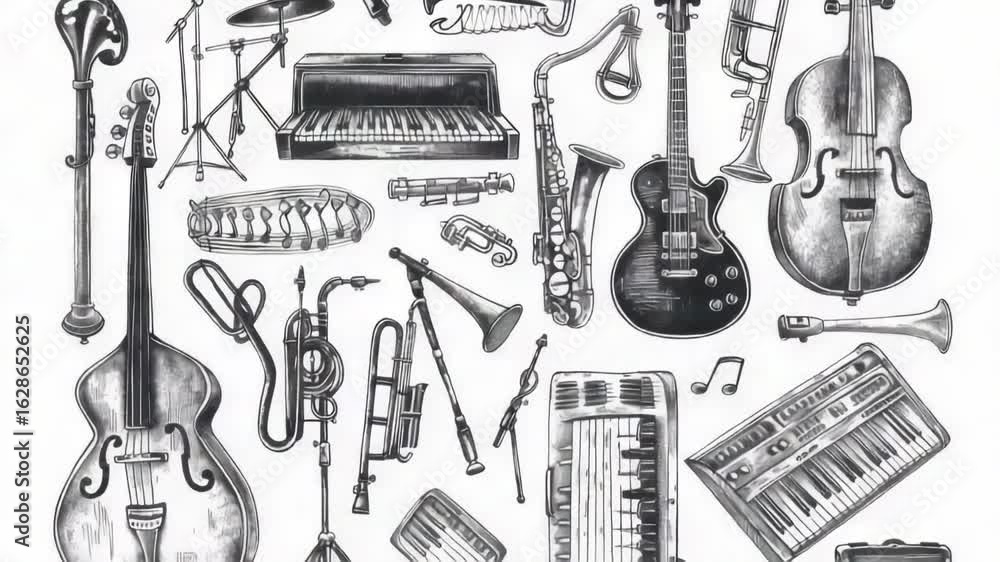 Poster a collection of various musical instruments and equipment arranged on a table or shelf