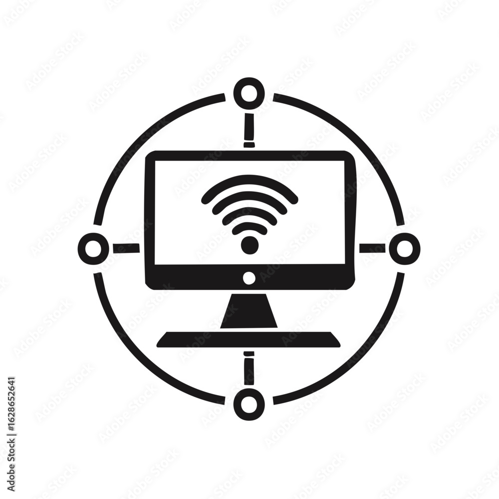 Poster desktop computer display with wi-fi, connected global network illustration