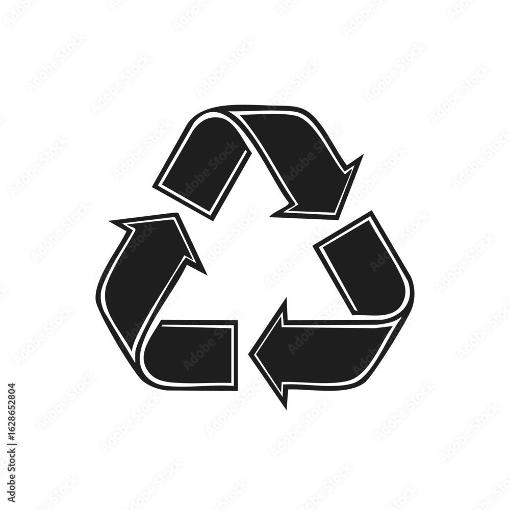 Poster recycling symbol graphic icon with three chasing arrows loop for eco-friendly practices, black and w