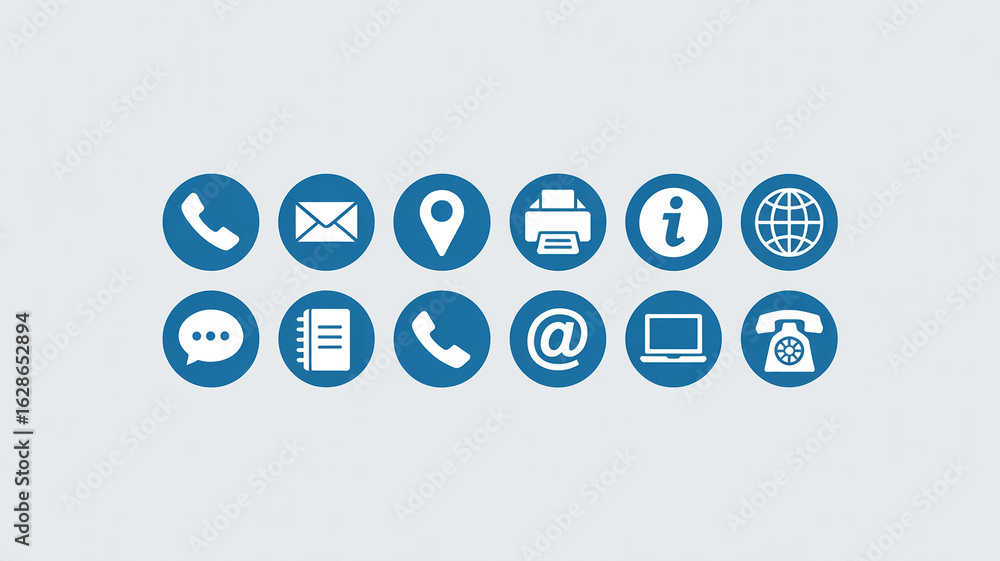 Poster a set of 12 circular blue communication and media icons arranged in two rows against a white backgro
