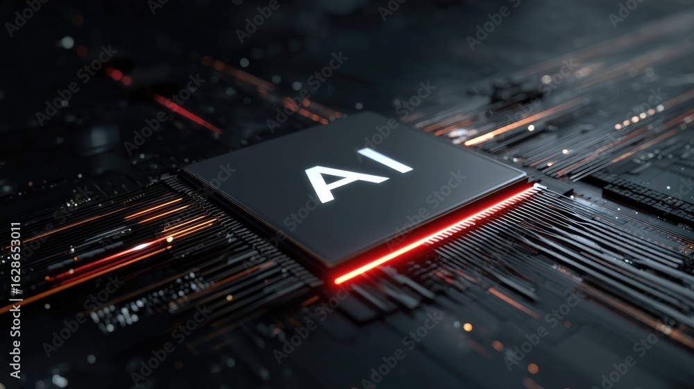 Poster ai chip glowing with red circuitry on a dark high-tech motherboard, representing artificial intellig