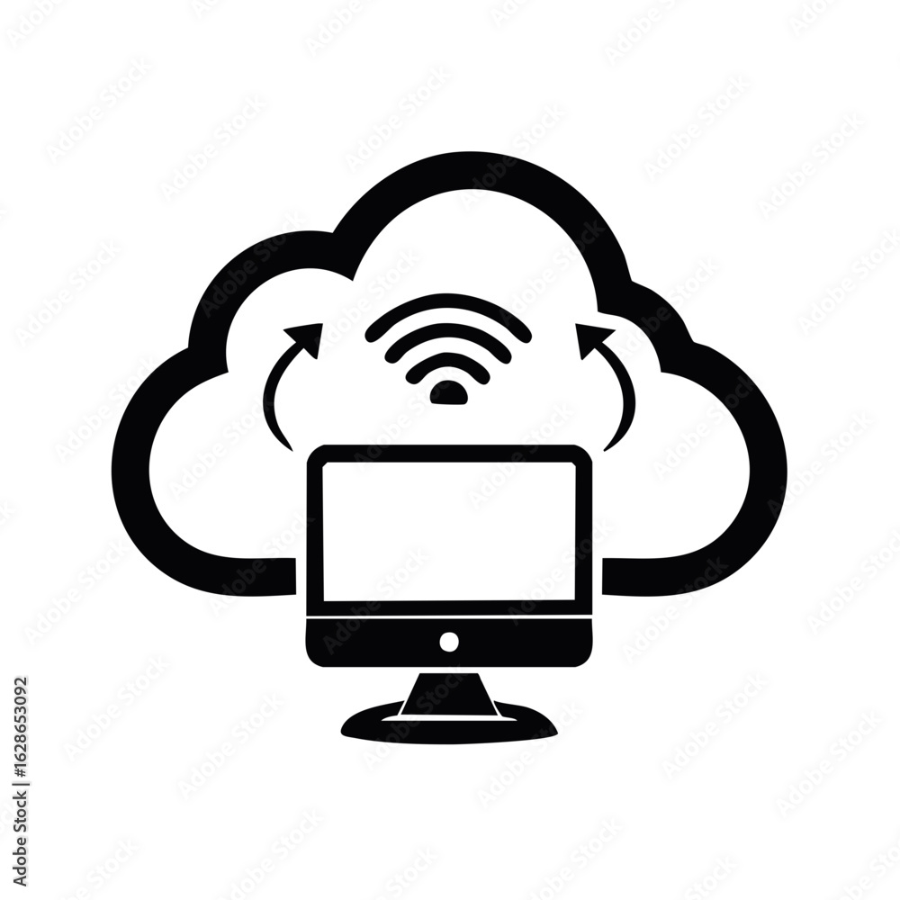Poster cloud computing concept icon with a desktop computer synchronizing data storage via wireless connect