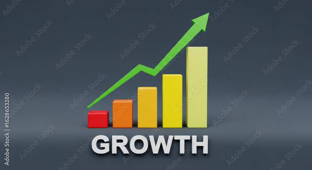 Poster visualizing business expansion a bar graph with an upward trending arrow representing company develo