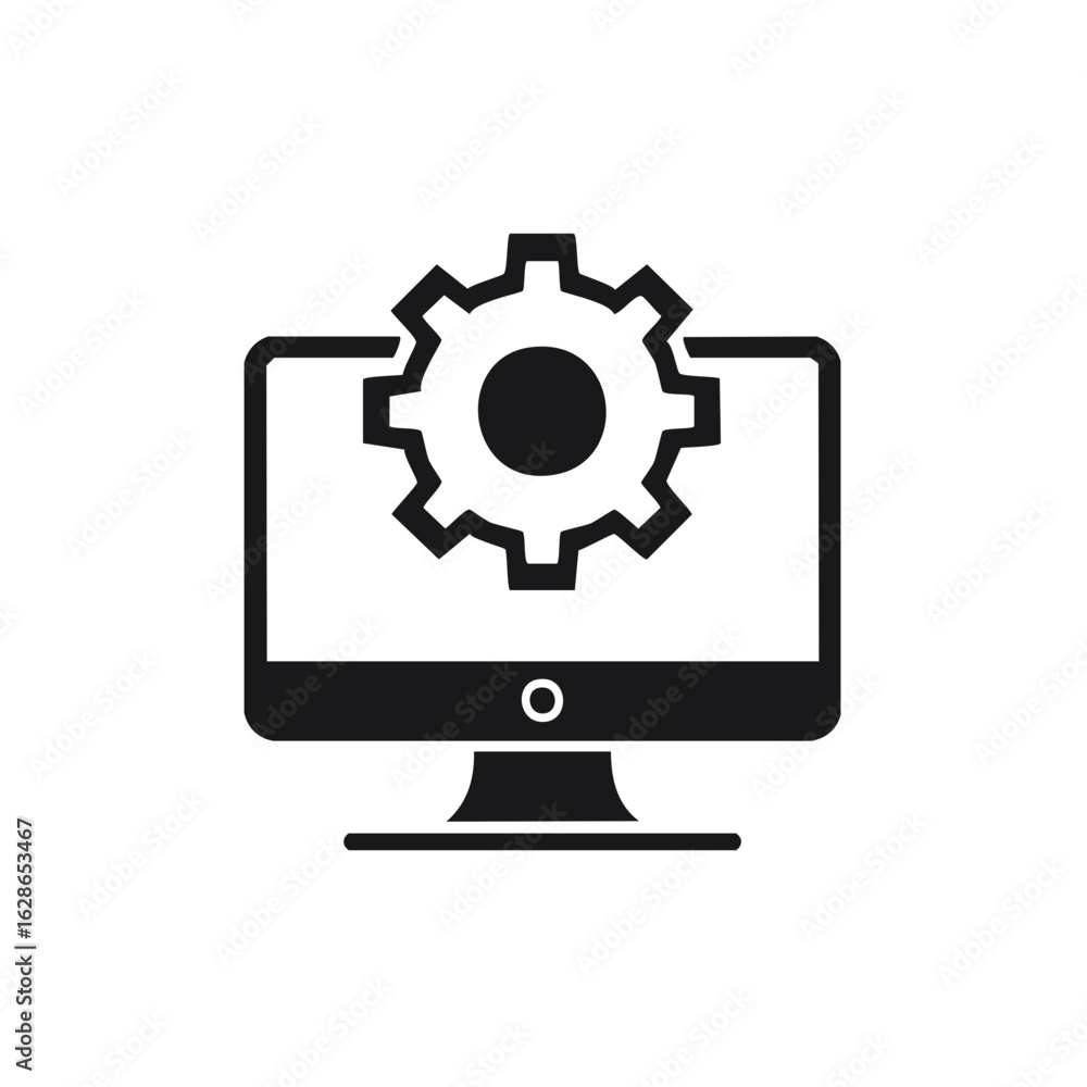 Poster computer screen displaying a gear wheel mechanism symbolizing software settings