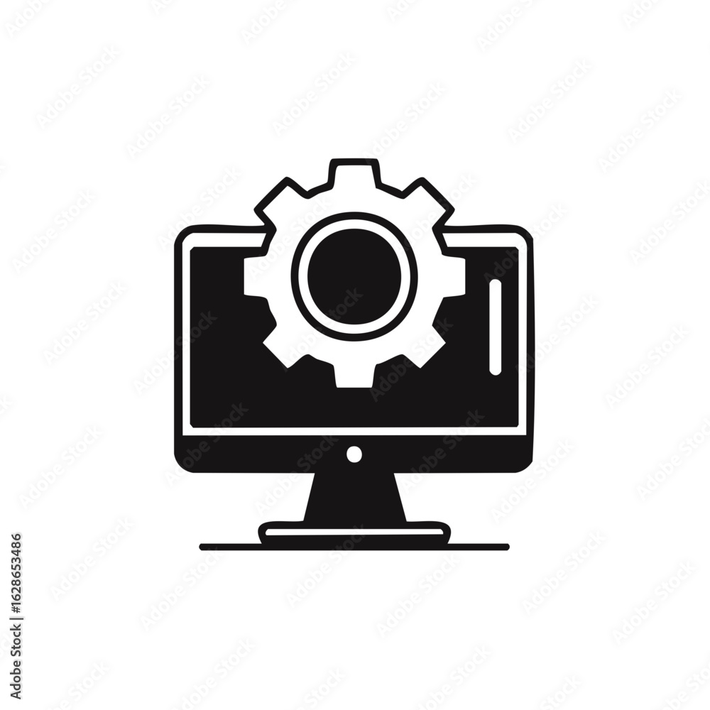 Poster computer screen displays a cogwheel representing system operations and technology