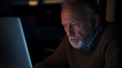 Senior man intensely focused on a brightly lit screen in a darkened room. He has a serious expression as he concentrates on the information displayed.