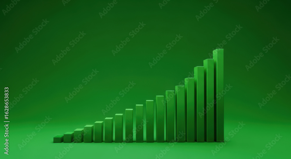 Poster ascending green bar graph on green background illustrating growth and progress in business and finan