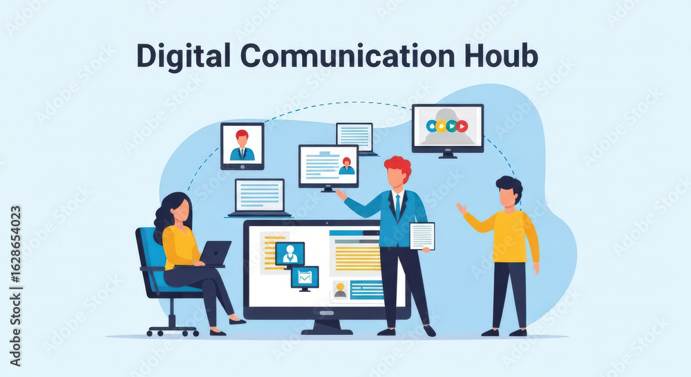 Poster collaborative digital communication hub facilitating teamwork and information sharing through online