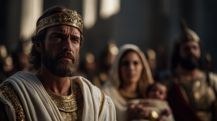 Solomon sits on a raised throne, left hand on lion-armrest, right raised for silence; two distressed women stand before him—one clutching a baby, the other pleading; soldiers nearby; golden sunlight․