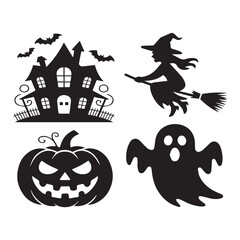 Vector art of halloween icons including a haunted house with bats, a witch on a broomstick, a carved pumpkin, and a ghost