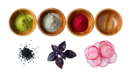 Four wooden bowls filled with colorful spices and herbs alongside fresh ingredients isolated on transparent background