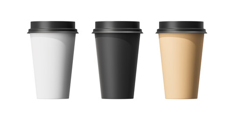 Three medium-sized paper cups with a black lid with coffee on a white background. Mock up. 3d rendering