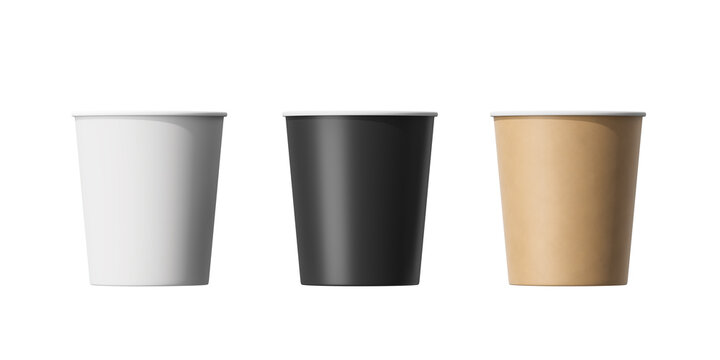 Small white, black, beige glasses without lid with coffee on a white background. Mock up. 3d rendering