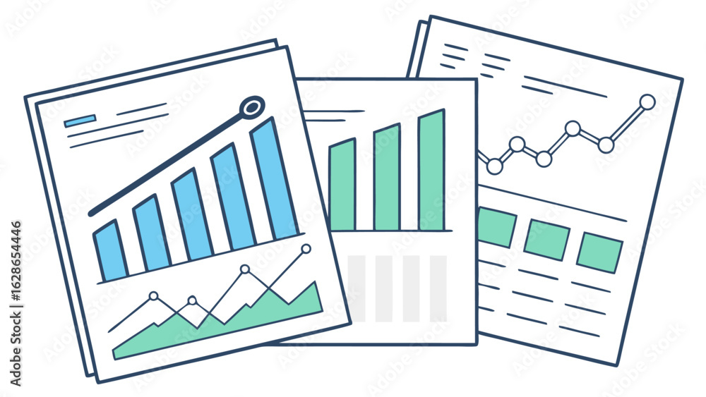 Poster illustration of three documents displaying various types of charts and graphs indicating financial g