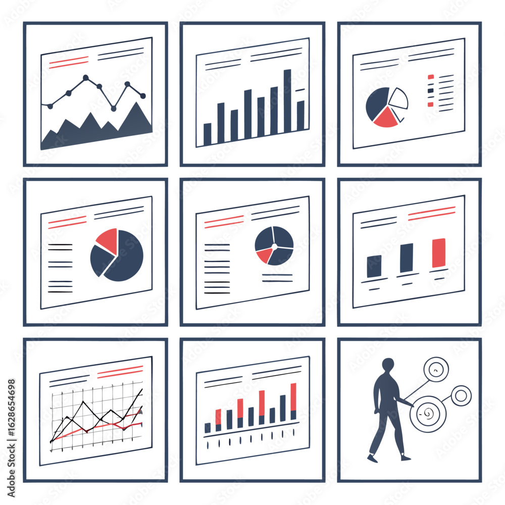 Poster a collection of nine graphic icons representing various types of data visualizations and a person in